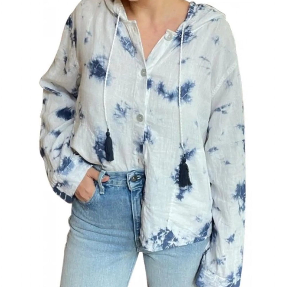 Rachel Zoe Linen Tie-Dye Hooded Button Up Women's Top - Blue and White - Size L